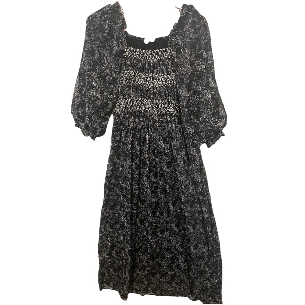 Baltic Born Black Floral Smocked Maxi Dress Large Cottagecore Puff Sleeve Boho - Picture 2 of 9